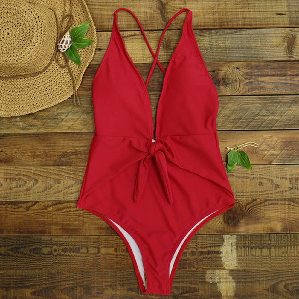 Red One Piece Plunge Front Tie Swimsuit - Picture 5 of 7